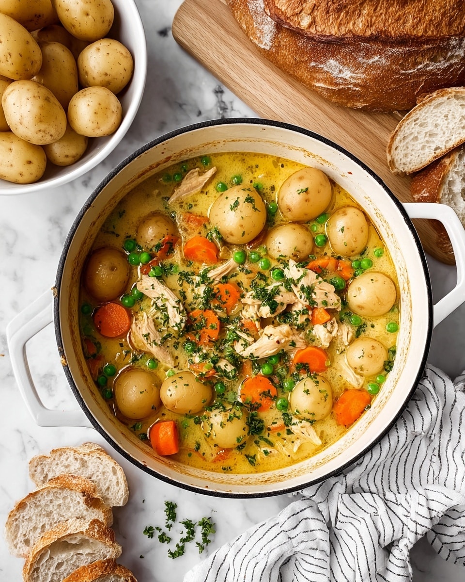 A white pot filled with a creamy soup that has three main layers: at the bottom is a rich, golden-yellow broth, above it are whole small yellow potatoes and orange carrot slices scattered around, and mixed throughout are pieces of light brown chicken and bright green peas, all topped with finely chopped green herbs. To the top left, a white bowl holds more small yellow potatoes, while at the top right, a loaf of rustic brown bread rests on a light wooden board. At the bottom left, several slices of the same bread lay on a white marbled surface next to a white and black striped cloth. Photo taken with an iphone --ar 4:5 --v 7