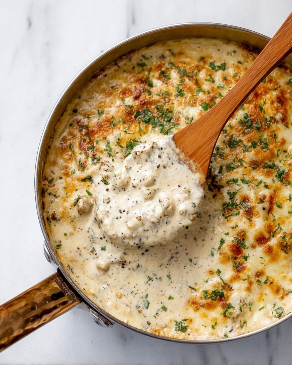 A round metal pan filled with creamy white sauce with small chunks, mixed with herbs and spices visible as tiny black dots. The dish is topped with melted cheese that is golden brown in some spots and speckled with chopped green herbs. A wooden spoon lifts a portion of the thick, creamy sauce revealing the texture and layers below. The background is a white marbled surface. photo taken with an iphone --ar 4:5 --v 7