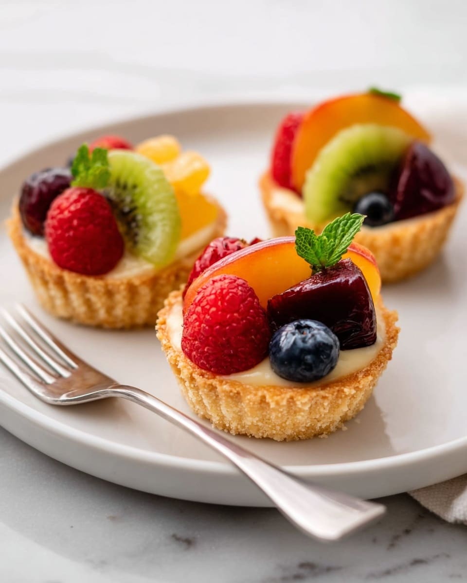 Three small fruit tarts sit on a white plate with a silver fork beside them. Each tart has a golden, crumbly crust as the bottom layer, filled with a smooth cream layer that holds fresh fruit on top. The fruit toppings include vibrant red raspberries, bright green kiwi slices, deep purple plum pieces, blueberries, a slice of orange peach, and a small green mint leaf for garnish. The plate is placed on a white marbled surface, and the image is softly lit, highlighting the textures and colors of the fruit and crust. Photo taken with an iphone --ar 4:5 --v 7