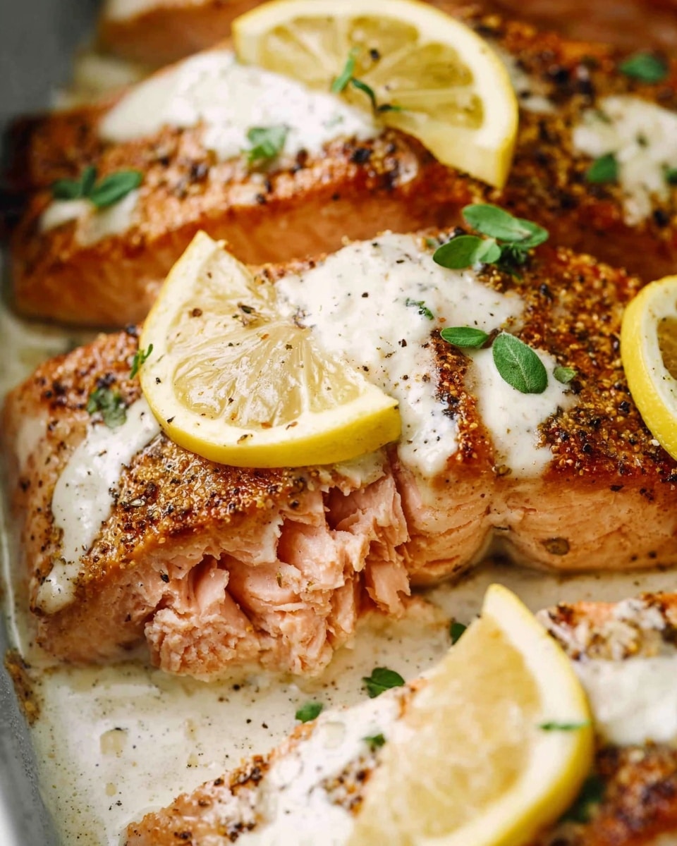 A close-up image of cooked salmon fillets with a golden-brown, slightly crispy skin layer on top, showing black pepper and herbs sprinkled over it. The salmon flesh underneath is light pink and flaky. On top, there is a creamy white sauce with a smooth texture spread unevenly over the salmon pieces. Bright yellow lemon slices with visible pulp and rind are placed on top of the sauce, adding a fresh look. Small green herb leaves are scattered over the dish, adding color contrast. The dish is placed against a white marbled texture background. photo taken with an iphone --ar 4:5 --v 7