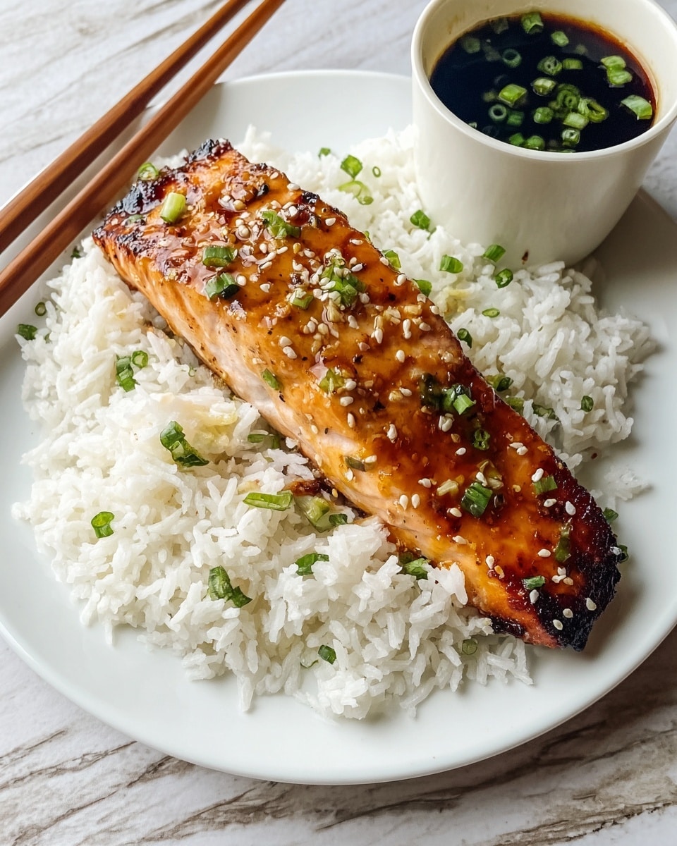 A white plate holds a bed of fluffy white rice spread evenly across the surface, topped with a single rectangular piece of grilled salmon coated in a shiny, caramelized brown sauce. The salmon is garnished with small green sliced scallions and white sesame seeds, with some light charring on the edges. The plate rests on a white marbled surface, with a pair of light wooden chopsticks placed diagonally across the top left edge of the plate. A small white bowl filled with dark soy sauce and sprinkled with chopped green onions and sesame seeds is partially visible in the top right corner. Photo taken with an iphone --ar 4:5 --v 7