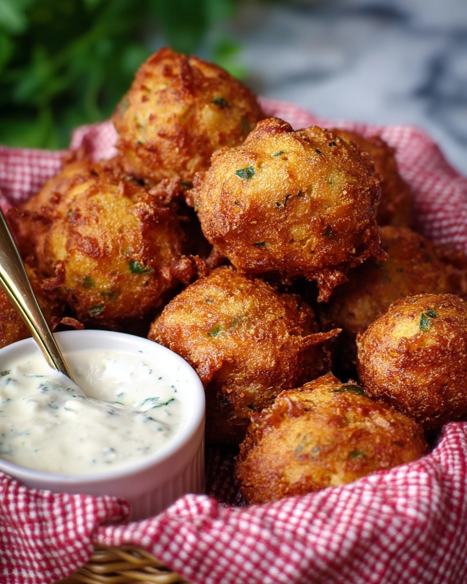 A close-up image of several round, golden-brown fritters with a crunchy, textured surface showing bits of green herbs mixed inside. The fritters are piled together on a white cloth with a red checkered pattern, adding a cozy look. In the foreground, there is a white bowl with creamy, light-colored dip speckled with herbs, and a brass spoon resting inside. The background has a soft focus with hints of green foliage, all set on a white marbled surface. photo taken with an iphone --ar 4:5 --v 7