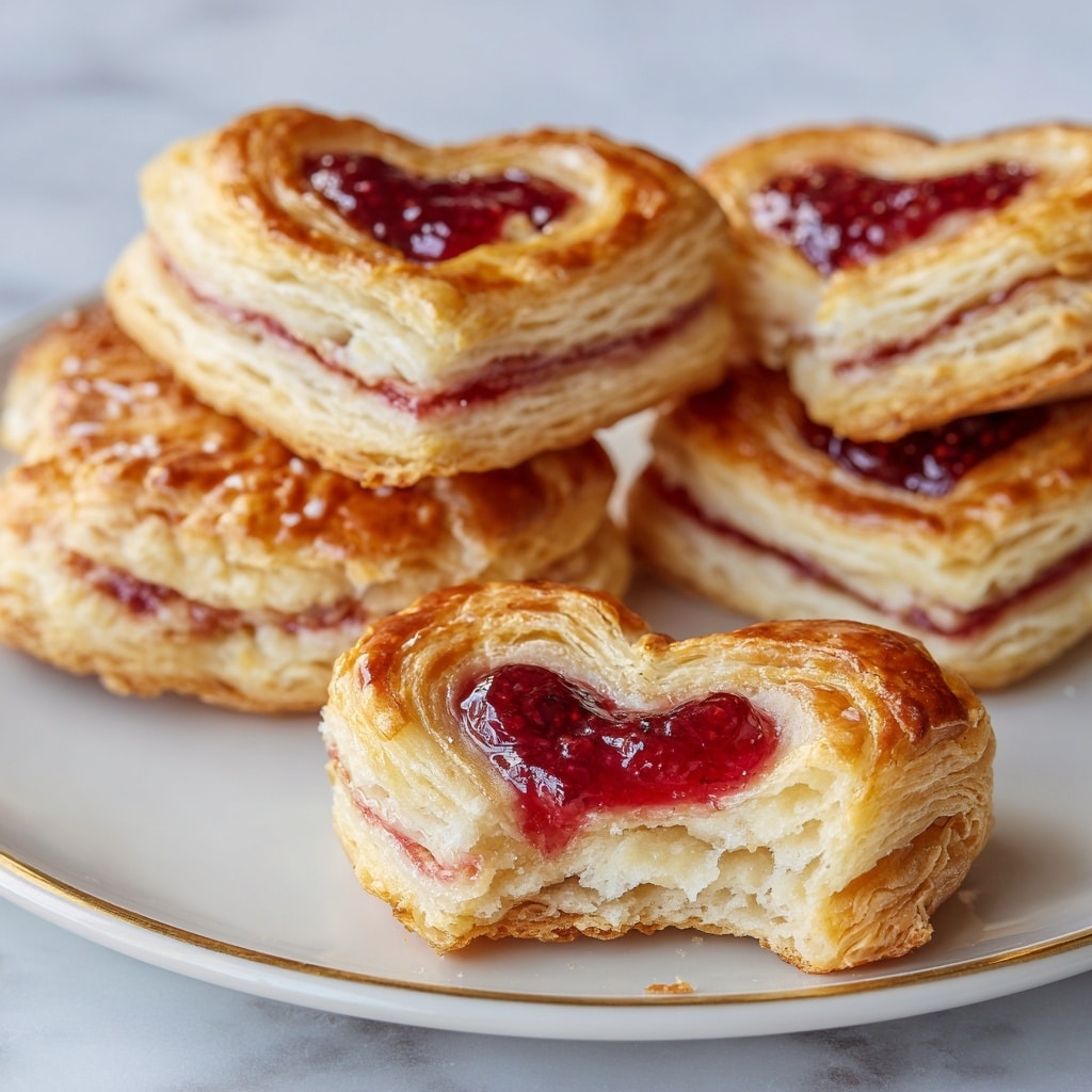The image shows several heart-shaped danishes with a golden-brown flaky crust, each with a glossy, deep red raspberry filling in the center. The danishes have multiple layers, visible in the puff pastry's delicate, wavy texture around the raspberry jam, which looks thick and shiny with whole raspberry pieces. The top part of the image shows the danishes cooling on a wire rack placed on a white marbled surface. One close-up near the bottom shows a single danish on a white plate with a bite taken out, revealing the soft, airy inside layers of the pastry beneath the crust. Small crumbs are scattered around the plate. photo taken with an iphone --ar 4:5 --v 7