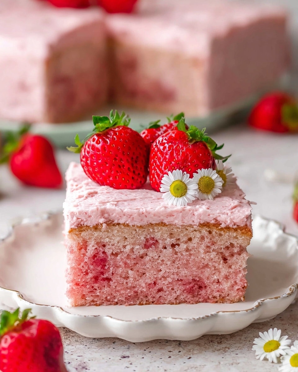 A single slice of light pink strawberry cake sits on a white scalloped plate, showing a soft and fluffy texture with small strawberry bits inside. On top of the slice is a thick, creamy pink strawberry frosting layer with a slightly rough texture. Three fresh bright red strawberries and a small white flower with a green center decorate the frosting. In the background, a larger rectangular piece of the same cake with pink frosting is visible on a white marbled surface, along with more strawberries and white flowers scattered around. photo taken with an iphone --ar 4:5 --v 7