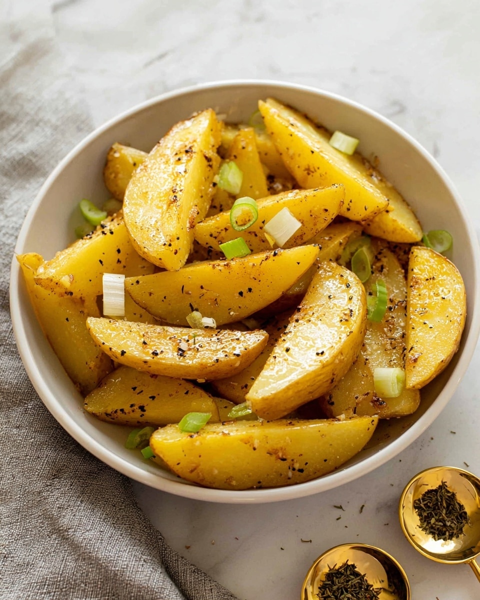 The image shows a white bowl filled with many potato wedges that are golden yellow with a seasoned surface dotted with black pepper and herbs. The wedges are thick, with a soft texture and a slight shine, indicating they are cooked and well-seasoned. Small pieces of sliced green onion are scattered among the potato wedges, adding a fresh green contrast. The bowl is placed on a white marbled surface, and there are gold measuring spoons with dried herbs beside it. The overall look is warm, fresh, and appetizing, with a clear focus on the texture and seasoning of the potatoes. photo taken with an iphone --ar 4:5 --v 7