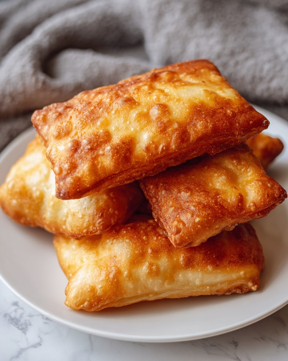 A white plate holds a stack of five golden brown fried pastries, each rectangular with bubbly, crispy, and uneven surfaces showing varying shades of golden to deep brown. The pastries are layered unevenly, with one on top partially covering two below, and two more visible at the back. The texture looks crunchy with small air pockets on the surface, and the edges are slightly darker and crispier. The background shows a soft grey fabric and a white marbled textured surface beneath the plate. photo taken with an iphone --ar 4:5 --v 7