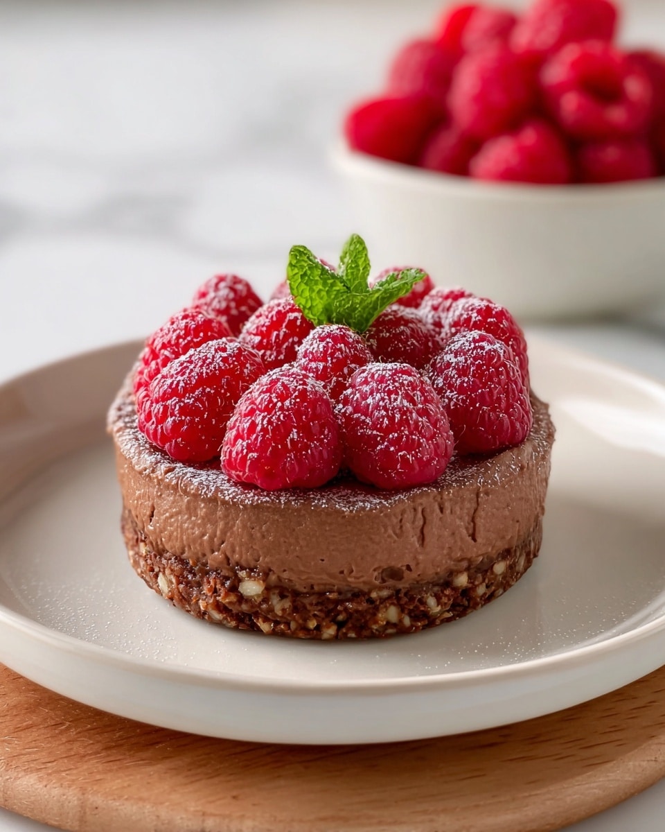 A small round dessert with three visible layers sits on a white plate. The bottom layer is a dense, crumbly brown crust with bits of nuts or seeds visible. The middle layer is a thick, smooth chocolate mousse with a creamy texture and slightly glossy surface. The top layer consists of fresh red raspberries arranged closely together in a circular pattern, dusted lightly with powdered sugar. A small sprig of green mint leaves is placed upright in the center on top of the raspberries. The plate rests on a white marbled surface with another white bowl filled with raspberries blurred softly in the background. photo taken with an iphone --ar 4:5 --v 7