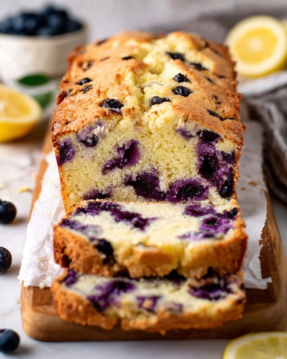 A rectangular blueberry loaf cake with a golden-brown crust sits on a white sheet of parchment paper, placed on a light wooden board. The cake has a rough and slightly cracked top with many dark blue, juicy blueberries baked into the surface, some slightly bursting. Around the board, fresh plump blueberries are scattered. In the background, a glass of creamy light yellow beverage with a straw sits on a brown coaster on a white marbled texture. Some purple flowers are also visible behind the cake. Photo taken with an iphone --ar 4:5 --v 7