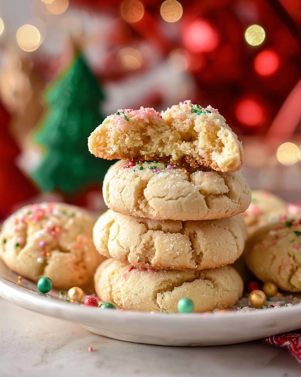 A pile of round, soft-looking cookies with a light golden-brown top and a slightly cracked surface sits stacked in a white bowl. Each cookie has small ridges pressed into the top and is decorated with tiny red, green, and white round sprinkles, along with a few small golden star-shaped sprinkles scattered unevenly across the surface. The bowl is filled to the brim with these cookies, and small bits of extra sprinkles and golden stars are spread around the base. The background shows a white marbled surface with some blurred festive red and white decorations and warm string lights around the bowl, giving a cozy holiday feel. Photo taken with an iphone --ar 4:5 --v 7