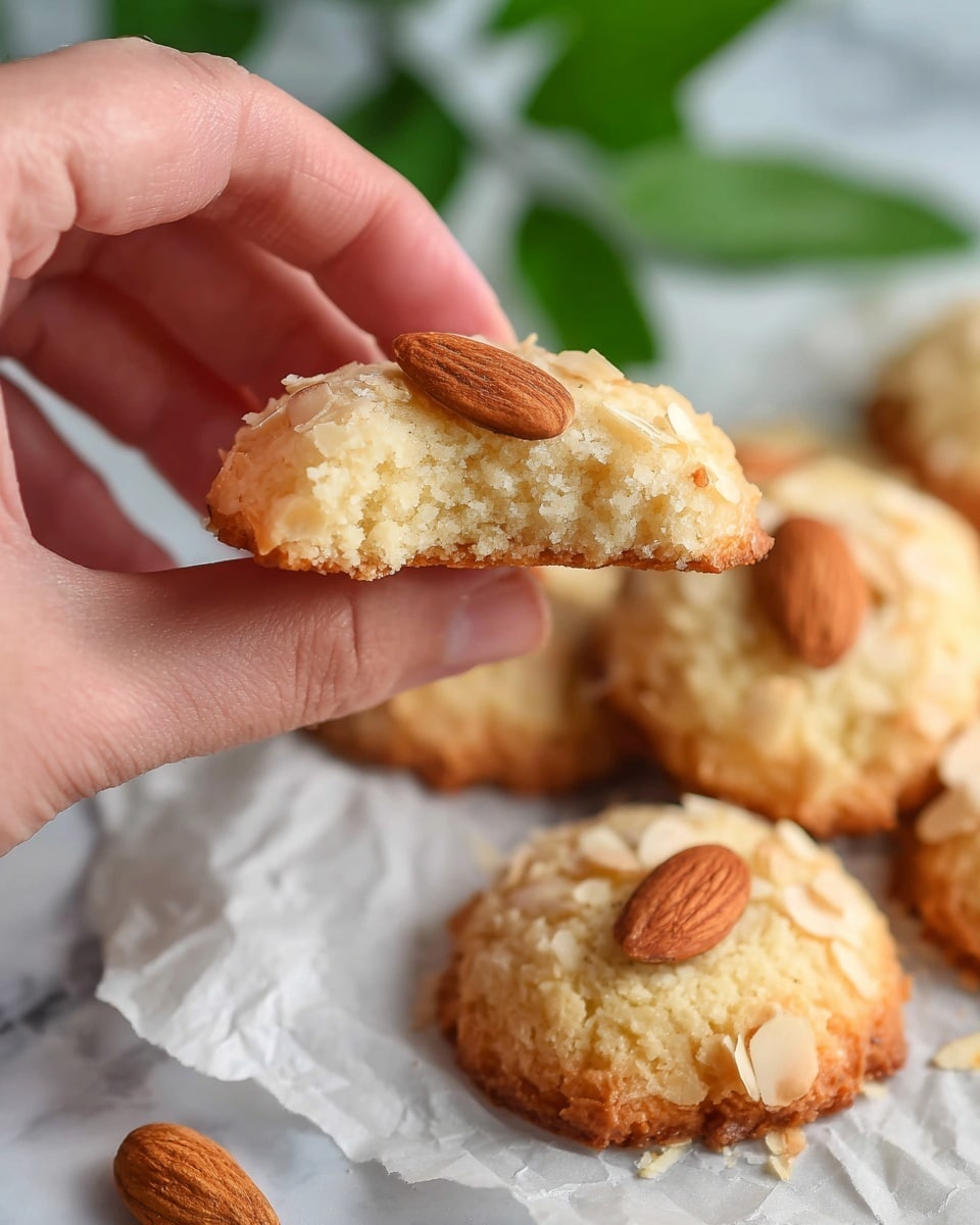 A woman's hand holds one broken soft, crumbly almond cookie with a golden-brown outer edge and a pale, moist inside. Each cookie is topped with a whole almond placed in the center. Below the hand, more cookies with the same texture and almond topping sit on white parchment paper over a white marbled surface. The background shows a blurred green leaf, adding a natural touch. Photo taken with an iphone --ar 4:5 --v 7