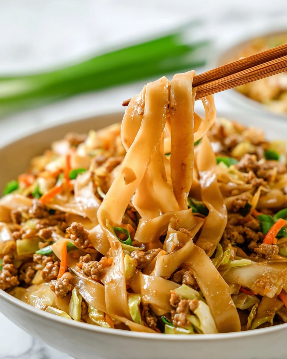 The image shows a close-up of wide, flat noodles that are light brown and glossy, lifted by wooden chopsticks. The noodles look soft and coated with sauce. Mixed within the noodles are small pieces of cooked ground meat, light beige bits of cabbage, thin slices of orange carrot, and bits of green onion, all adding texture and color. The food sits inside a white bowl on a white marbled surface, with some out-of-focus green onions in the background. Photo taken with an iphone --ar 4:5 --v 7