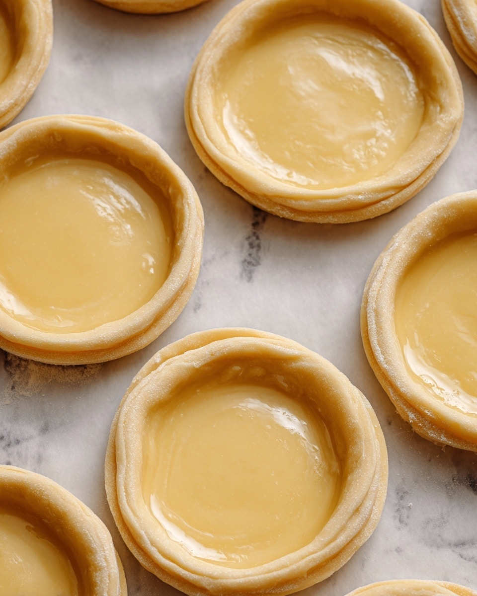 Several uncooked round pastry shells with smooth, glossy, pale yellow surfaces are arranged closely on parchment paper above a white marbled texture. Each shell has two clear layers: a flatter, slightly shiny center with a soft texture, and a thicker, raised rim of dough around the edge that looks soft and a bit puffy. The shells are evenly spaced and appear ready for baking. photo taken with an iphone --ar 4:5 --v 7