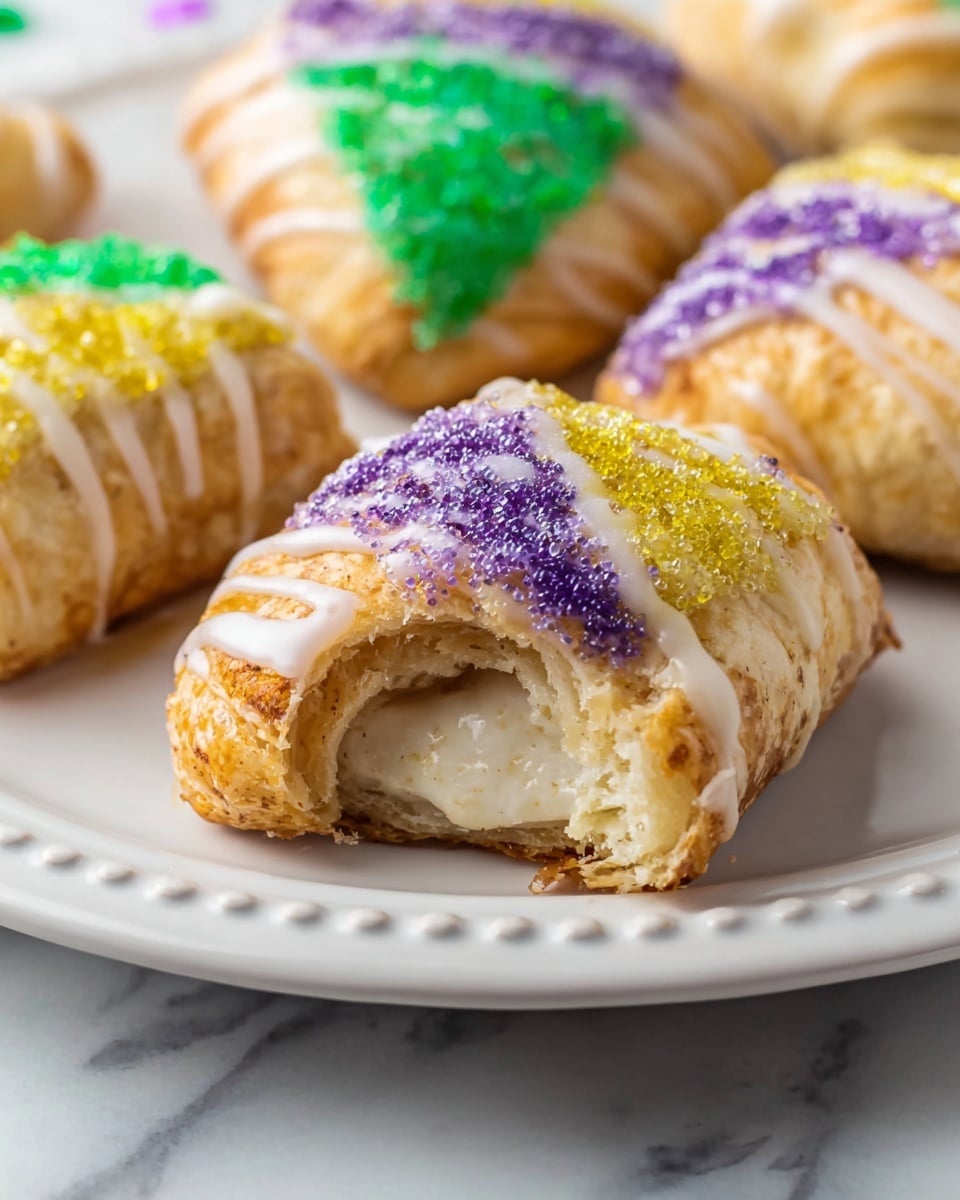 The image shows several small pastries on a white plate with a decorative edge, placed on a white marbled surface. Each pastry has a flaky golden-brown crust with a smooth, creamy white filling visible inside the one with a bite taken out. The tops of the pastries are drizzled lightly with white icing and covered with colorful sugar crystals in green, purple, and yellow. The sugar crystals create a triangular pattern on each pastry's top, adding vibrant color contrast to the soft, light textures of the dough and icing. The view is close-up, focused on the bitten pastry in the front. photo taken with an iphone --ar 4:5 --v 7