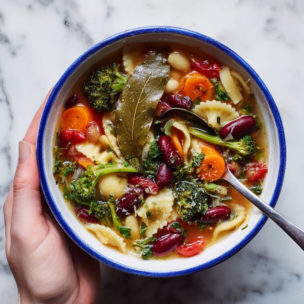 A white bowl with a blue rim is filled with vegetable soup showing many layers and colors. The top layer has bright orange carrot slices and dark green broccoli florets. Below them, there are deep red kidney beans scattered around large pale beige pasta pieces. There are soft, light green celery slices mixed with chopped dark green leafy vegetables and chunks of red tomatoes. On one side, two large bay leaves sit on top, adding texture. The broth is light brown and looks slightly thick. A silver spoon is resting inside the bowl, partly covered by the ingredients. The bowl is held by a woman's hand, and the background has a white marbled texture. photo taken with an iphone --ar 4:5 --v 7