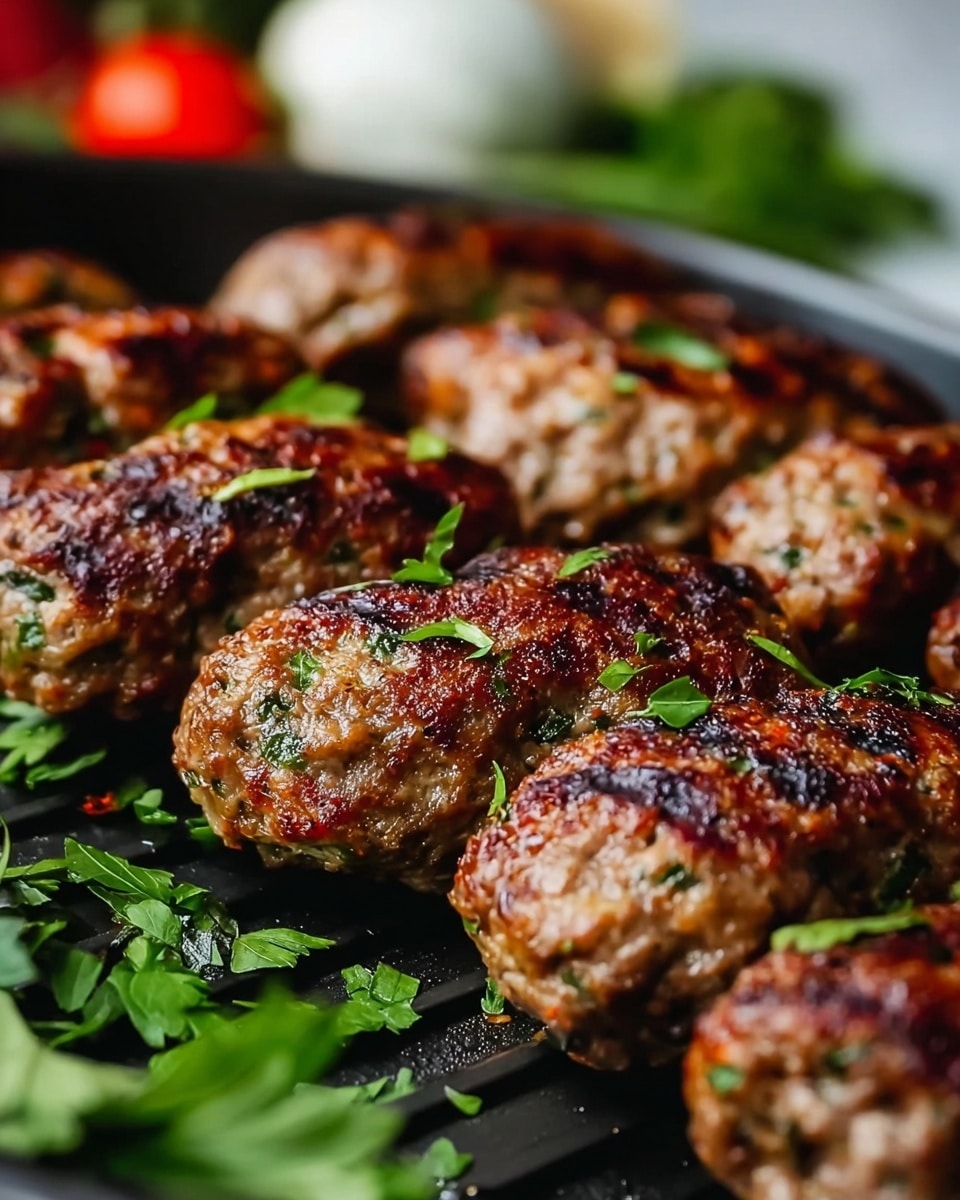 The dish shows five browned grilled meat skewers lined up on a white plate. Each skewer has an oval-shaped, slightly charred golden-brown meat piece with a textured surface from grilling. On top of each skewer is a dollop of white creamy sauce with green herb bits mixed in. The plate is also covered with more of the same sauce, creating a thin layer under the skewers, sprinkled with olive oil droplets and fresh green parsley leaves scattered around. The background is a white marbled surface. photo taken with an iphone --ar 4:5 --v 7
