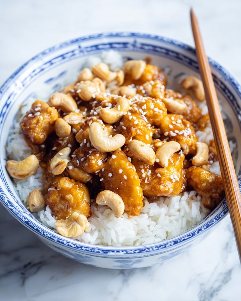 A white bowl with blue patterns on the inside is filled with two layers of food. The bottom layer is plain white rice, and the top layer is made of golden-brown pieces of chicken covered in a shiny, thick brown sauce. On top of the chicken are light beige cashew nuts and a sprinkling of small white sesame seeds. A pair of light wooden chopsticks rests diagonally on the right side of the bowl. The bowl sits on a white marbled surface. photo taken with an iphone --ar 4:5 --v 7