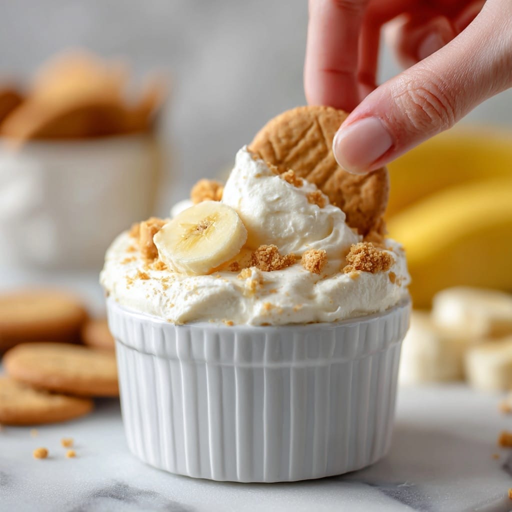 A white ramekin filled with a creamy banana pudding that has a smooth, light yellow color and thick, soft texture. On top, there are three round banana slices placed in a line along with crushed golden cookie crumbs scattered unevenly over the pudding surface. In the background, there is a blurred ripe yellow banana and a white bowl holding more small round cookies, set on a white marbled texture. photo taken with an iphone --ar 4:5 --v 7