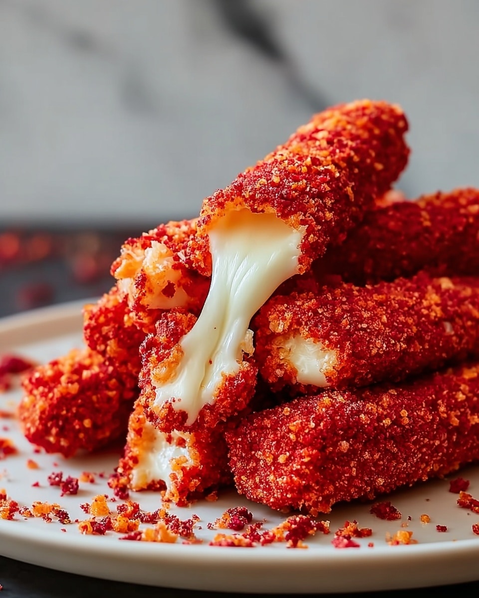 A close-up of six bright red coated cheese sticks arranged in a small stack on a white plate, each stick covered evenly with a rough, crumbly red and orange crunchy texture. The sticks have a crisp outer layer with a creamy white cheese center that appears melted and stretchy in two sticks broken open at the top, with the cheese pulling slightly from the opening. Small crumbs are scattered around the base of the stack on the plate. The background is a blurred white marbled texture. photo taken with an iphone --ar 4:5 --v 7