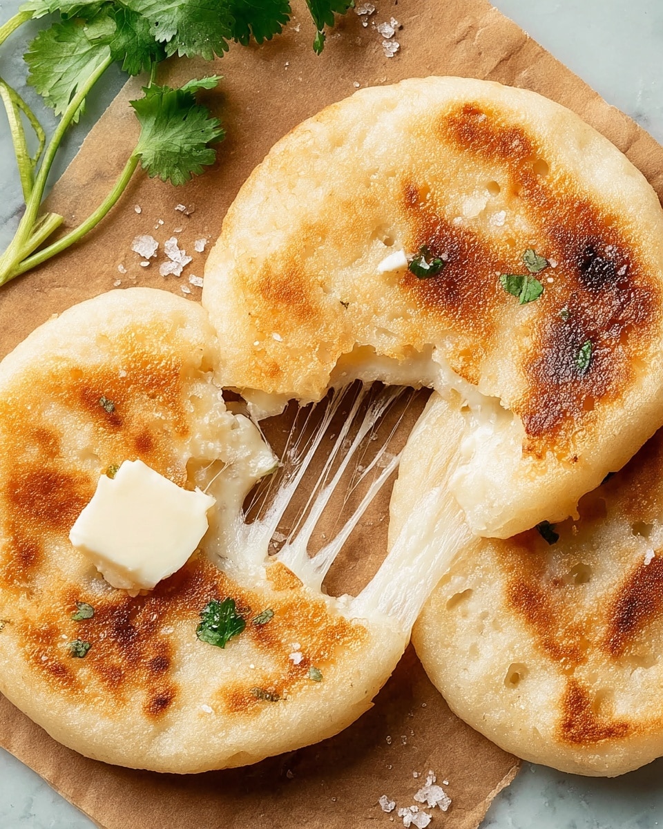 The image shows three golden brown patties with a soft, doughy texture and lightly crisped browned surfaces, resting on brown parchment paper over a white marbled surface. The middle patty is broken apart, revealing melted white cheese stretching in gooey strands between the two halves. On top of the broken patty, there is a small dollop of creamy white butter melting slightly. A few coarse salt grains are sprinkled on the patties and parchment paper. Fresh green cilantro leaves peek at the upper left corner, adding a burst of color. photo taken with an iphone --ar 4:5 --v 7