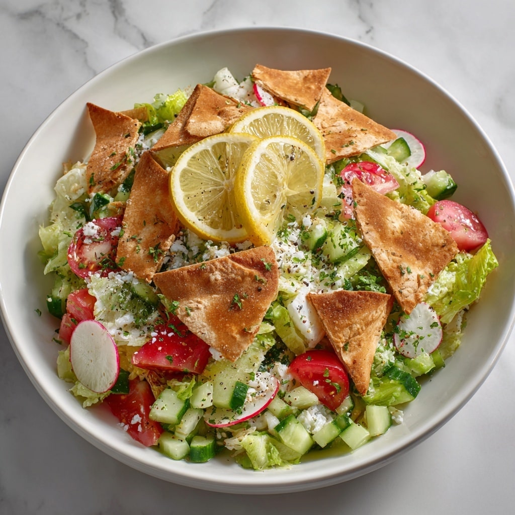 The image shows a fresh salad in a white bowl on a white marbled surface with a striped cloth nearby. The salad has three main layers: at the bottom, there are green romaine lettuce leaves with a crisp texture; on top of that, diced red tomatoes, chopped green cucumbers, and sliced radishes with white centers and pink edges are scattered evenly, adding vibrant colors; the top layer features golden brown toasted pita chip squares and two thin lemon slices placed on one side of the bowl. Two silver spoons rest inside the bowl, partially submerged in the salad. The ingredients look fresh and lightly seasoned with black pepper and herbs sprinkled over them. Photo taken with an iphone --ar 4:5 --v 7
