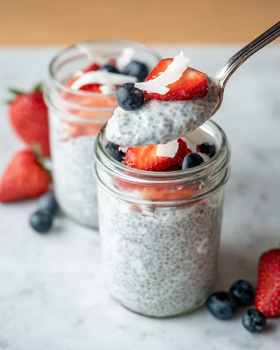 Two clear glass jars filled with three visible layers: the bottom and middle layers are white chia pudding with tiny black chia seeds, smooth and creamy; the top layer has sliced red strawberries, whole dark blue blueberries, and white coconut flakes scattered on top. A silver spoon with a shiny texture is scooping some pudding, a strawberry slice, and a blueberry from the front jar. The jars sit on a white marbled surface with a few whole strawberries and blueberries placed around them in a soft-focus background. Photo taken with an iphone --ar 4:5 --v 7