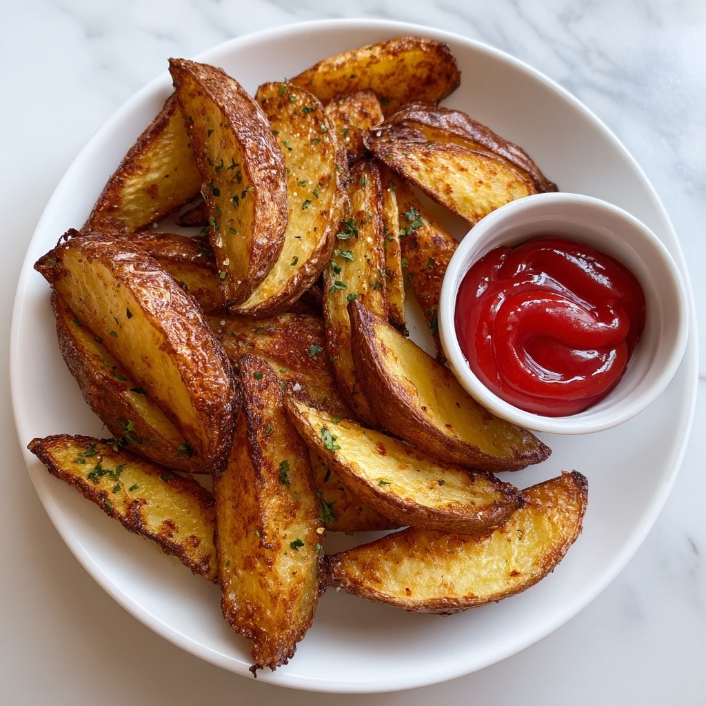 A white round plate holds a pile of thick potato wedges with crispy brown skins and golden yellow inside, sprinkled with small green herb pieces. On the top right of the plate, there is a small white bowl filled with smooth, bright red ketchup, swirled on the surface. The plate is set on a white marbled surface. photo taken with an iphone --ar 4:5 --v 7