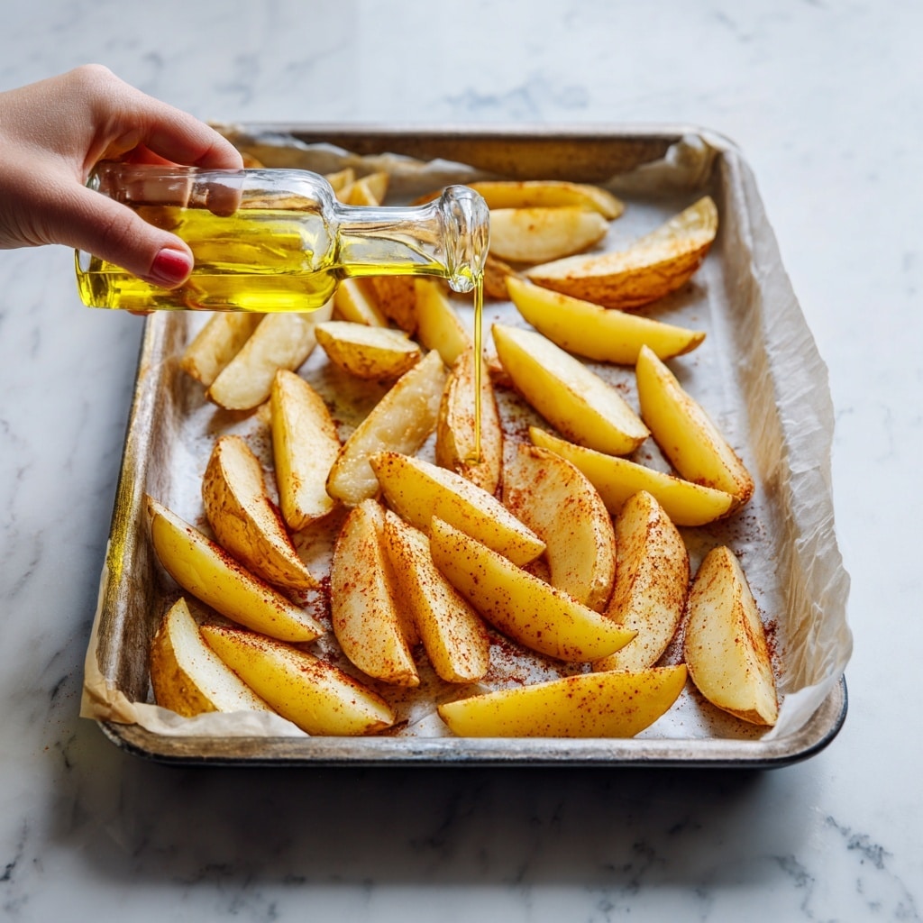 The image shows a metal tray lined with parchment paper covered in uncooked potato wedges arranged in a single layer. The wedges have a light tan skin with white-yellow flesh inside and are coated with a reddish-brown seasoning. A woman's hand is pouring golden yellow olive oil from a small clear glass bottle onto the potato wedges. The background is a white marbled surface. photo taken with an iphone --ar 4:5 --v 7