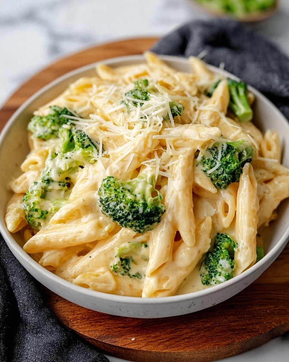 A white bowl filled with creamy macaroni and cheese mixed with bright green broccoli florets, topped with finely grated white cheese and small pieces of chopped parsley scattered on top, all placed on a round wooden board against a white marbled surface with a blurry background showing a blue cloth and some bread slices photo taken with an iphone --ar 4:5 --v 7