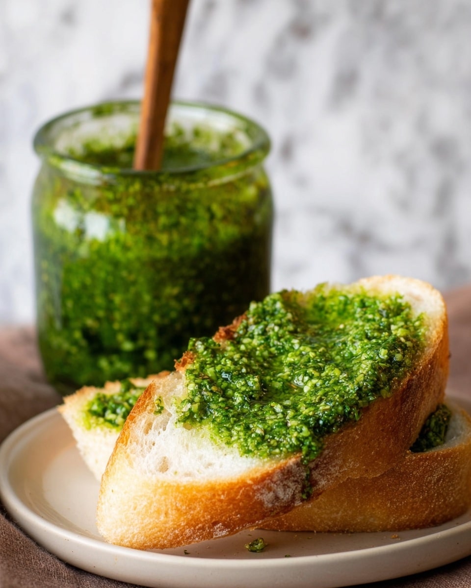 A close-up of two thick slices of toasted bread on a white plate, each slice topped with a generous spread of bright green pesto sauce that looks fresh and slightly chunky; behind the bread, there is a clear glass jar filled with the same vibrant green pesto and a wooden spoon sticking out of it. The bread has a crispy, golden-brown crust with a soft, airy white inside. The scene is set against a white marbled texture. photo taken with an iphone --ar 4:5 --v 7