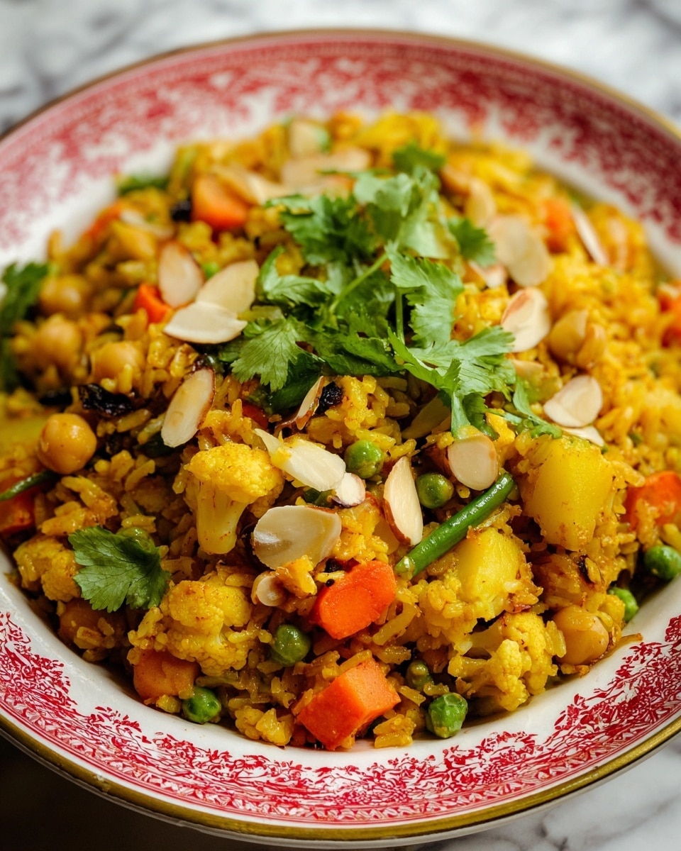 A close-up top view of a dark round pot filled with a colorful vegetable rice mix, showing layers of yellow rice, orange carrot slices, pale cauliflower pieces, light potato chunks, beige chickpeas, green peas, and dark raisins. The rice grains appear fluffy and mixed with tender cooked vegetables, giving a soft and slightly oily texture. The pot sits on a white marbled surface with a white and tan striped cloth beneath it. The pot has two dark red handles on opposite sides. photo taken with an iphone --ar 4:5 --v 7