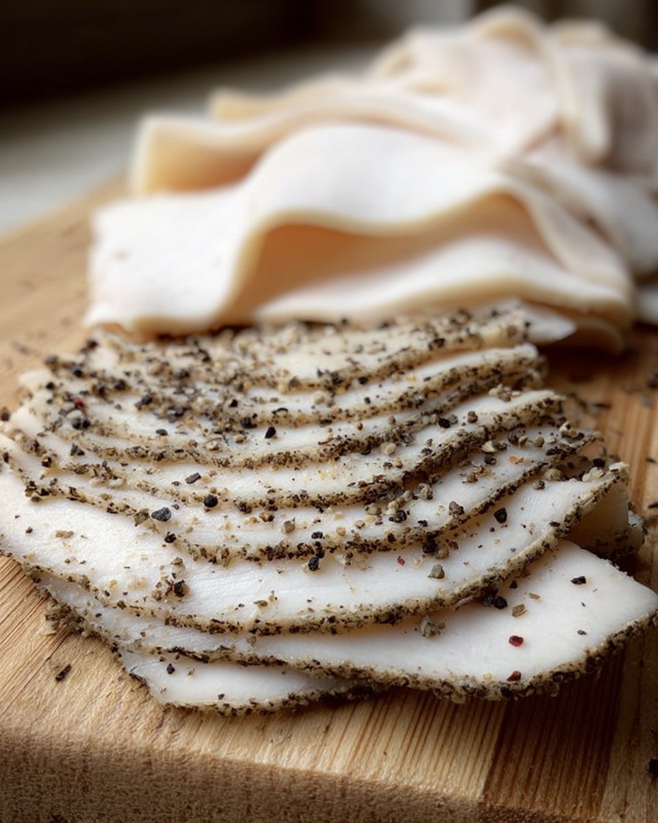 Thin slices of white meat layered in a slightly curved stack, seasoned with coarse black pepper spread unevenly on top and around the slices, all placed on a light wooden cutting board with a natural grain pattern, with additional loosely arranged slices behind the main stack. The background is a white marbled texture. Photo taken with an iphone --ar 4:5 --v 7
