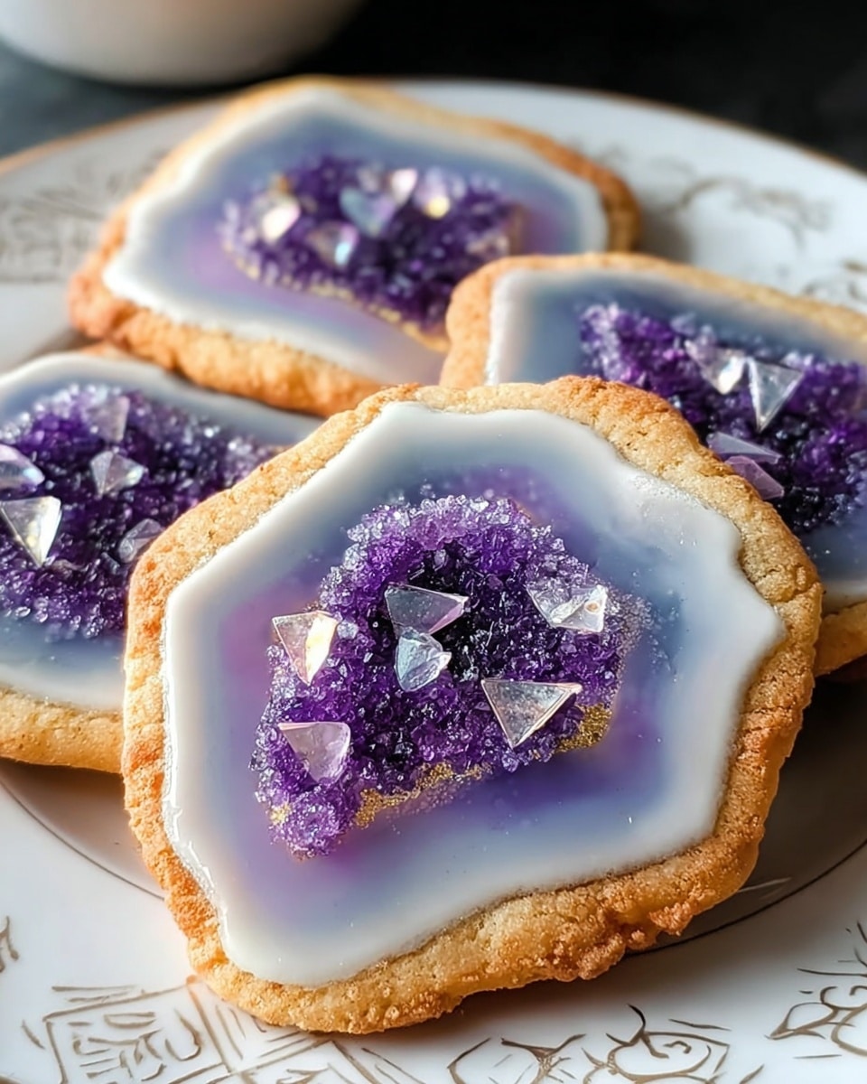The image shows a close-up of four geode-inspired layered cookies stacked on a black cooling rack over a white marbled surface. Each cookie has three visible layers: the outermost layer is a sparkly golden-brown sugar crust with a rough texture; inside this is a smooth gradient layer shifting from light yellow to pale blue, mimicking agate stone; and at the center are shiny, deep purple crystal-like chunks surrounded by tiny shimmering sugar crystals, creating a sparkling effect. The cookies have irregular, wavy edges and a glossy finish, resembling real geode stones. Photo taken with an iphone --ar 4:5 --v 7
