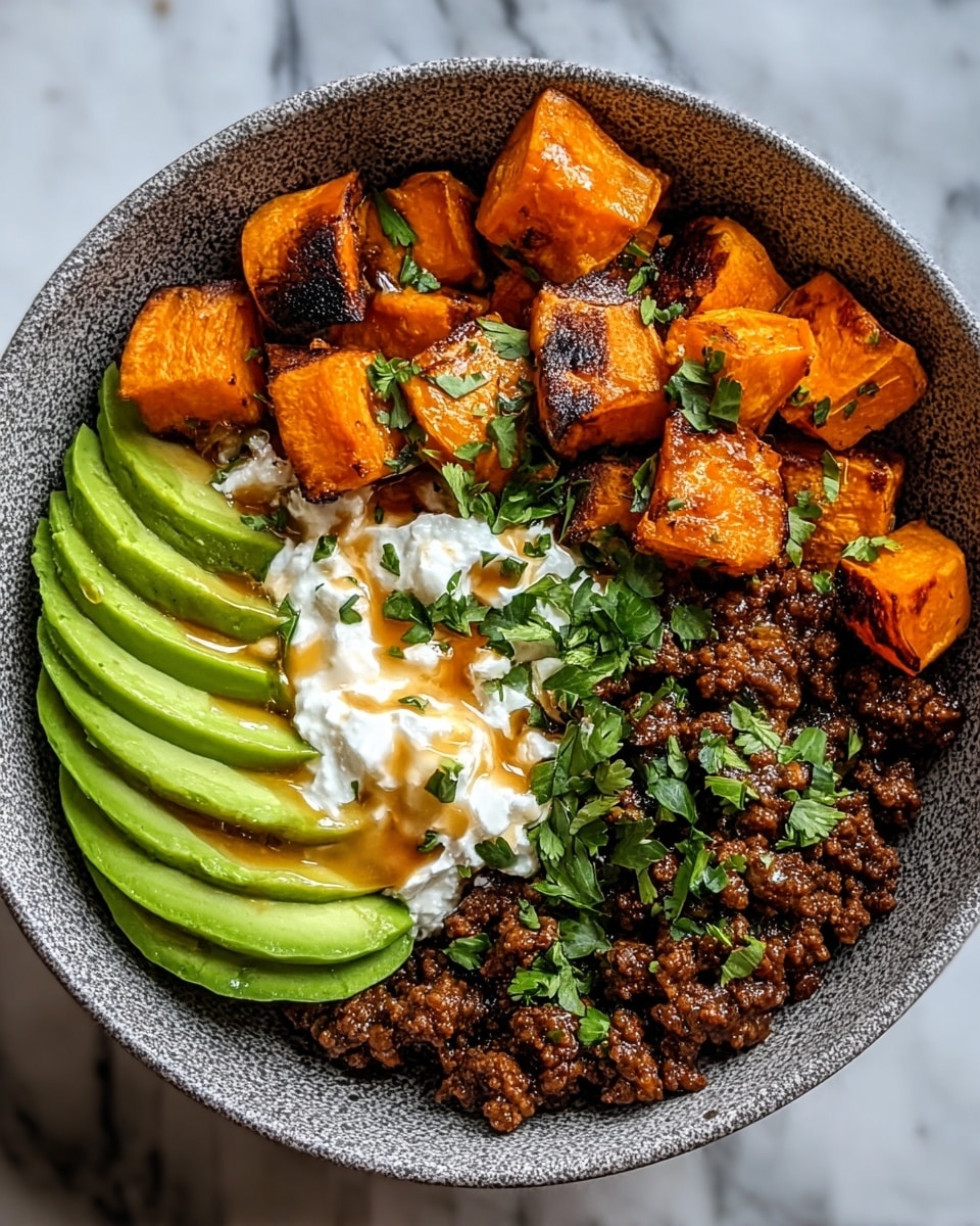 A bowl with five layers is shown: the bottom layer is brown cooked ground meat, topped on the left with white cottage cheese with some honey drizzle and green herb garnish, next to cubed orange roasted sweet potatoes on the right side, above the meat in the center there is dark brown saucy ground meat with fresh green herbs sprinkled, and on top left there are bright green avocado slices drizzled with a shiny golden sauce; the bowl is white with speckled gray marks, placed on a white marbled texture surface. photo taken with an iphone --ar 4:5 --v 7