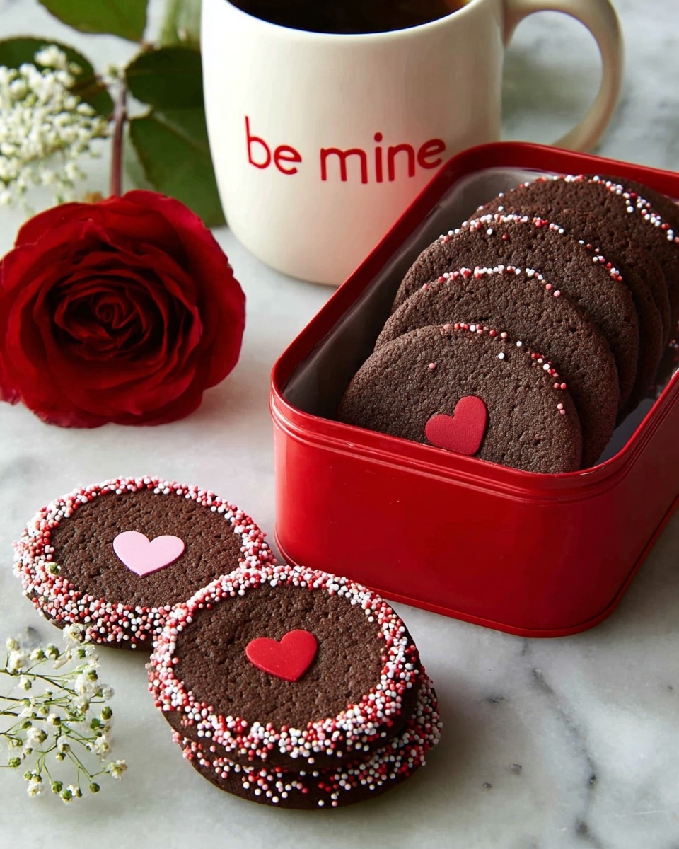 The image shows several round, dark brown chocolate sandwich cookies with a flat texture, arranged in layers. Each cookie consists of two thin chocolate layers with a white filling in the middle, visible by small colorful round sprinkles in red, white, and pink that coat the sides where the filling sticks out. On top of each cookie, there is a small heart made of pink or red icing placed in the center. Some cookies lie flat on a white surface with tiny red hearts printed on it, and others are stacked inside a smooth white rectangular dish. The background is a white marbled texture. Photo taken with an iphone --ar 4:5 --v 7