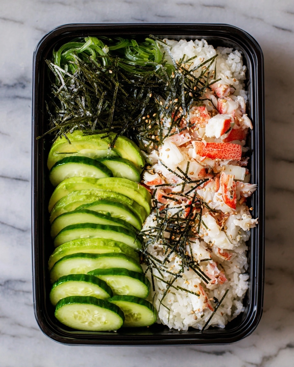 A black bowl filled with layers of food sits on a white marbled surface. The bowl is divided into sections, starting with white rice on the top right, followed by dark green seaweed strips next to it. Below the seaweed are light green sliced avocado pieces arranged neatly. To the left of the avocado are bright green sliced cucumbers, and above them are small white and red crab meat cubes. A light orange sauce is drizzled over the entire bowl, along with scattered black sesame seeds. Two wooden chopsticks rest behind the bowl with a small black dish of mixed white and black sesame seeds nearby. Photo taken with an iphone --ar 4:5 --v 7