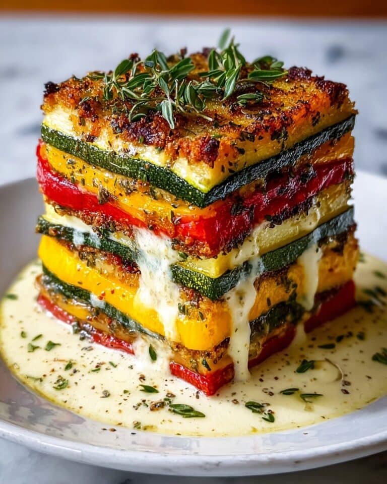 Layered Mediterranean Vegetable Lasagna with Garlic Herb Three-Cheese Drizzle Recipe
