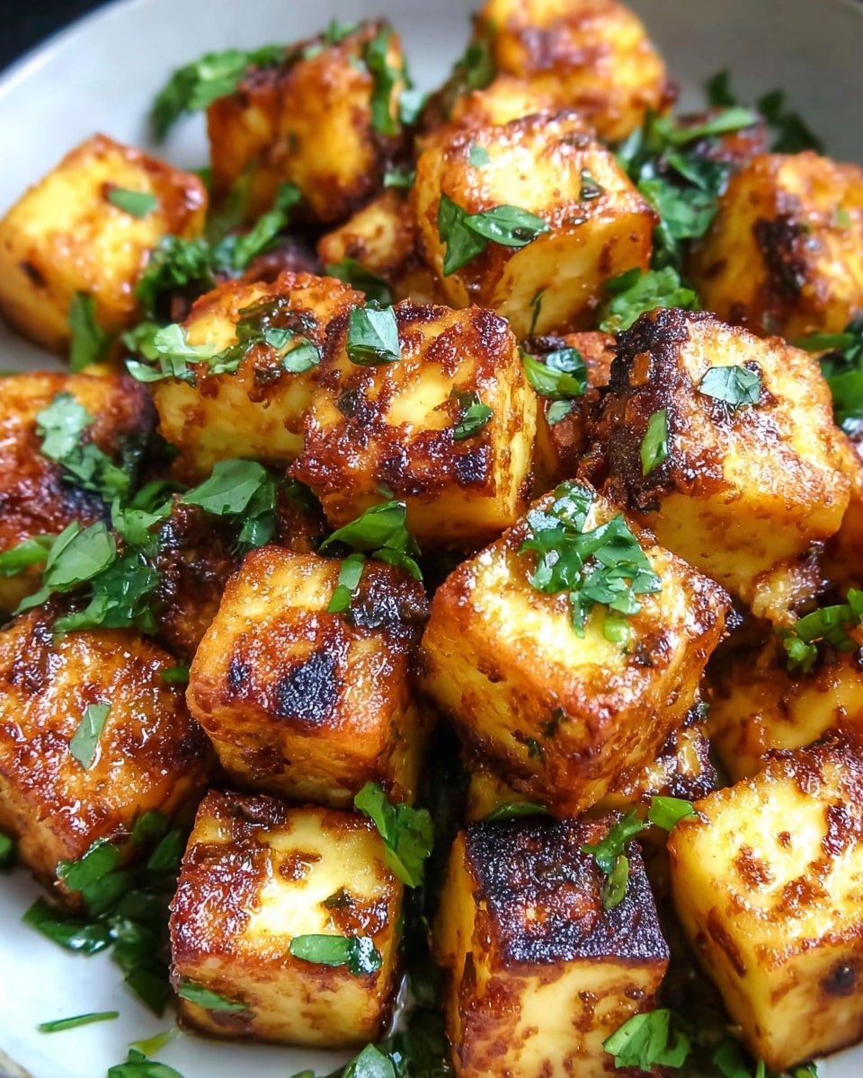 Close-up view of a dish with many small golden brown cubes of fried paneer, each piece showing a crispy, slightly charred surface with dark grill marks and light yellow insides. The cubes are topped with chopped fresh green herbs scattered evenly over them. The dish is set on a white marbled surface. Photo taken with an iphone --ar 4:5 --v 7