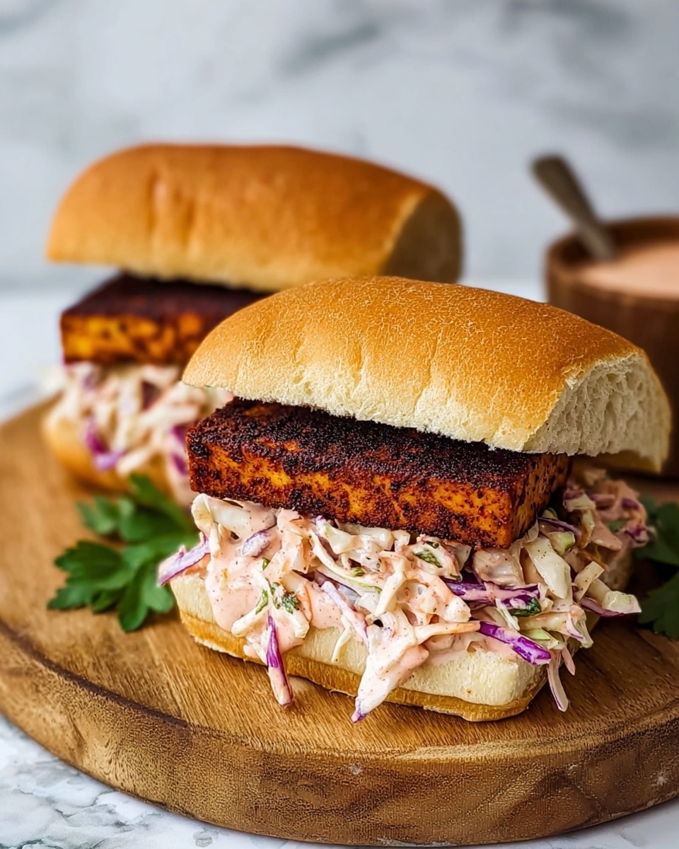 The image shows two sandwiches placed side by side on a wooden surface with a white marbled texture background. Each sandwich has three main layers: the top layer is a shiny, golden-brown toasted sandwich bun with a soft texture; the middle layer is a thick, dark reddish-brown grilled or blackened rectangular piece of tofu or meat with a slightly crispy texture on the outside; the bottom layer consists of creamy coleslaw made of light purple and white shredded cabbage mixed with a pale pink sauce, all held together by the bottom half of the sandwich bun which is light golden and soft. A small dish of creamy sauce and a sprig of green parsley lay nearby. Photo taken with an iphone --ar 4:5 --v 7