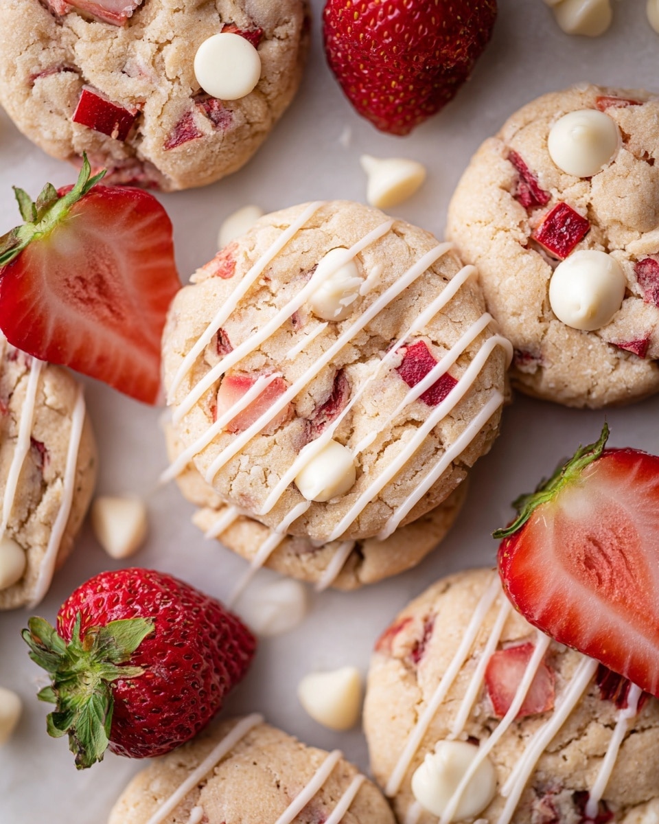 The image shows round cookies with a light golden color and a soft texture, each topped with red strawberry pieces embedded in the dough. White drizzle icing is applied in diagonal lines over the cookies, giving a smooth contrast to the rough cookie surface. Around the cookies, there are bright red whole and halved strawberries, adding fresh pops of color. Small white chocolate chips are scattered between the cookies, adding to the visual variety. The treats are placed on a white marbled surface that highlights the warm color of the cookies and the bright strawberries. photo taken with an iphone --ar 4:5 --v 7