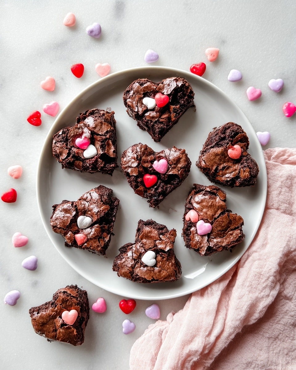 The image shows a white plate with eight heart-shaped brownies, each with a cracked dark brown surface studded with colorful pink, red, and white candy pieces. The brownies have a rich, fudgy texture with a shiny crust on top. Around the plate on the white marbled texture are scattered red, pink, white, and purple candy pieces, as well as three more small heart-shaped brownies. To the right of the plate, there is a soft light pink cloth casually placed. The overall look is sweet, colorful, and playful with a focus on the heart shapes and candy colors. photo taken with an iphone --ar 4:5 --v 7