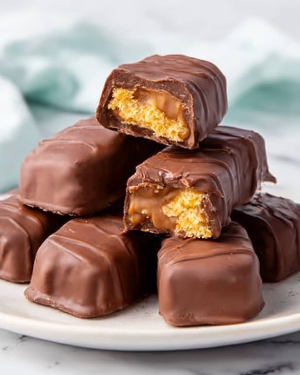 A stack of six chocolate-covered candy bars sit on a round white plate placed on a white marbled surface. The candy bars are rectangular and layered; the top layer is a thick, smooth milk chocolate coating with a glossy finish and some small cracks showing texture. The inside layers are visible in one candy bar cut in half at the top of the stack, revealing a soft golden caramel layer and a lighter, crumbly nougat layer underneath. The chocolate coating is uneven but thick enough to cover the whole bar, creating a rich and indulgent look. Photo taken with an iphone --ar 4:5 --v 7