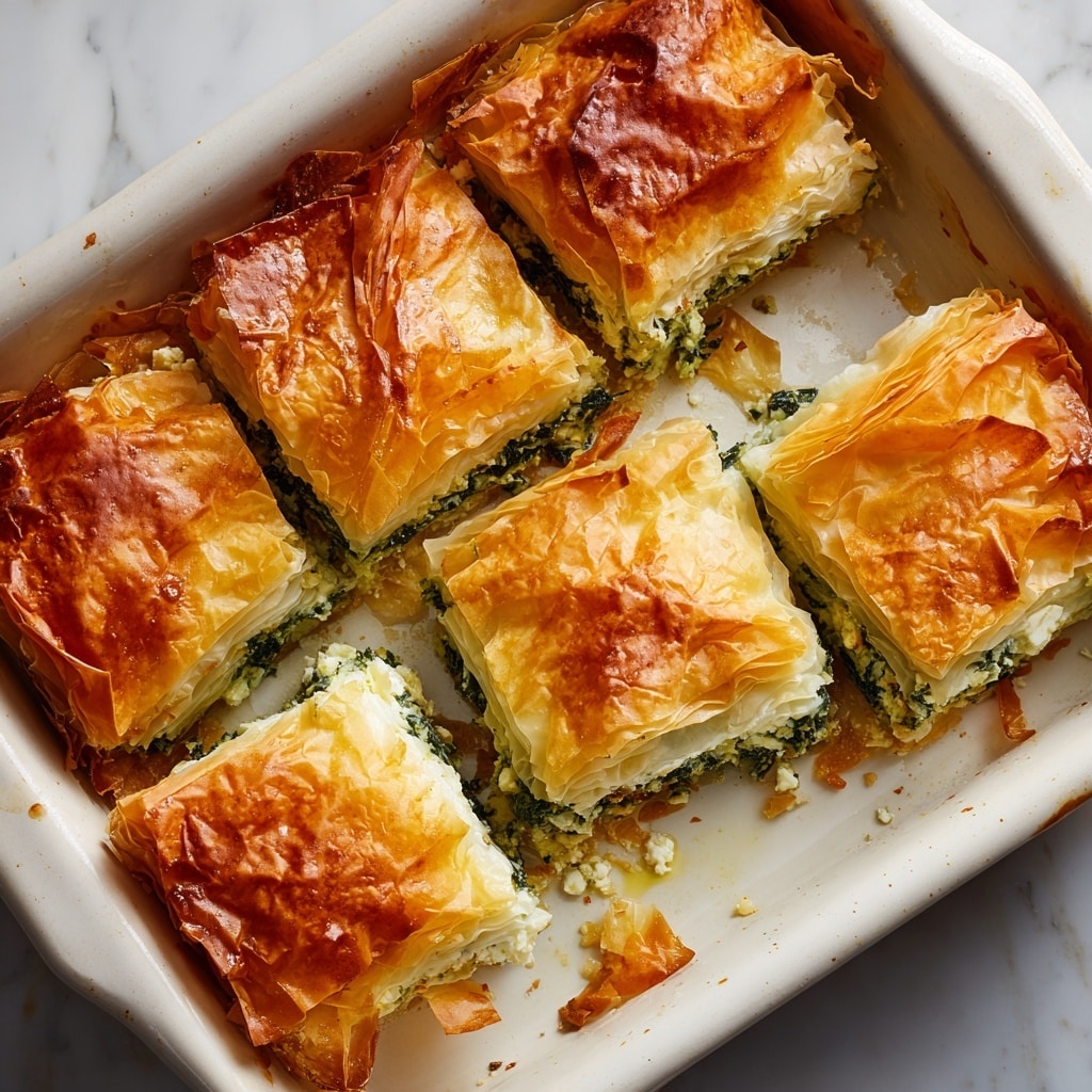 The image shows a white rectangular baking dish filled with a layered spinach and cheese pie cut into six square pieces. The top layer is golden brown, flaky pastry with some cracks revealing a green spinach filling underneath. The spinach layer looks moist and vibrant green, mixed with chunks of white cheese. The edges of the pie have a slightly browned, crispy crust. The dish is on a white marbled surface. Photo taken with an iphone --ar 4:5 --v 7