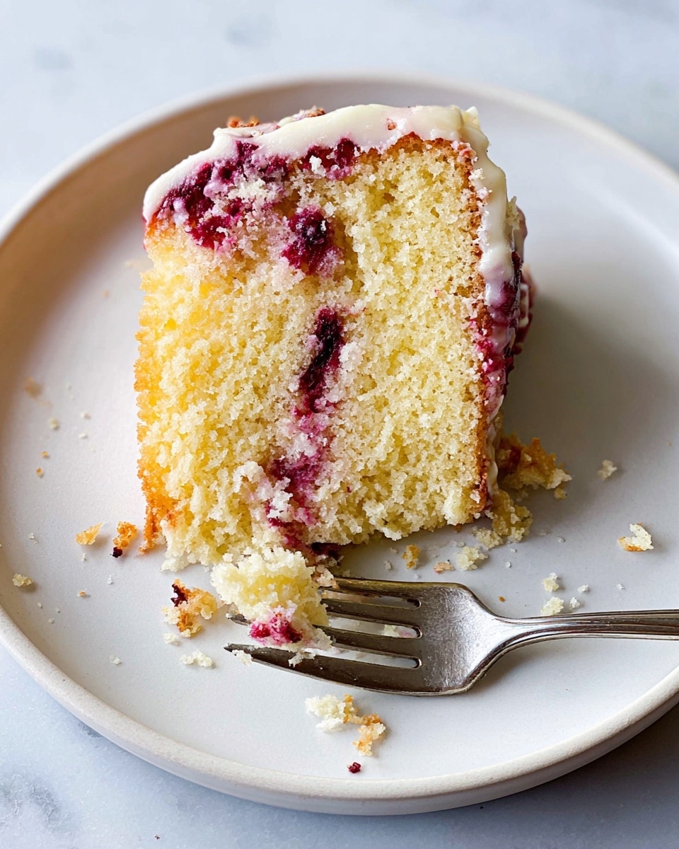 A piece of light yellow cake with a soft and crumbly texture sits on a white plate, topped with a thin layer of white icing mixed with red berry swirls mainly along the top edge, showing bits of melted fruit inside. The cake's crust is golden brown, visible on the side and bottom edges. Crumbs are scattered on the plate near the cake. A silver fork rests on the right side with some crumbs stuck to it. The plate is set on a white marbled surface. photo taken with an iphone --ar 4:5 --v 7