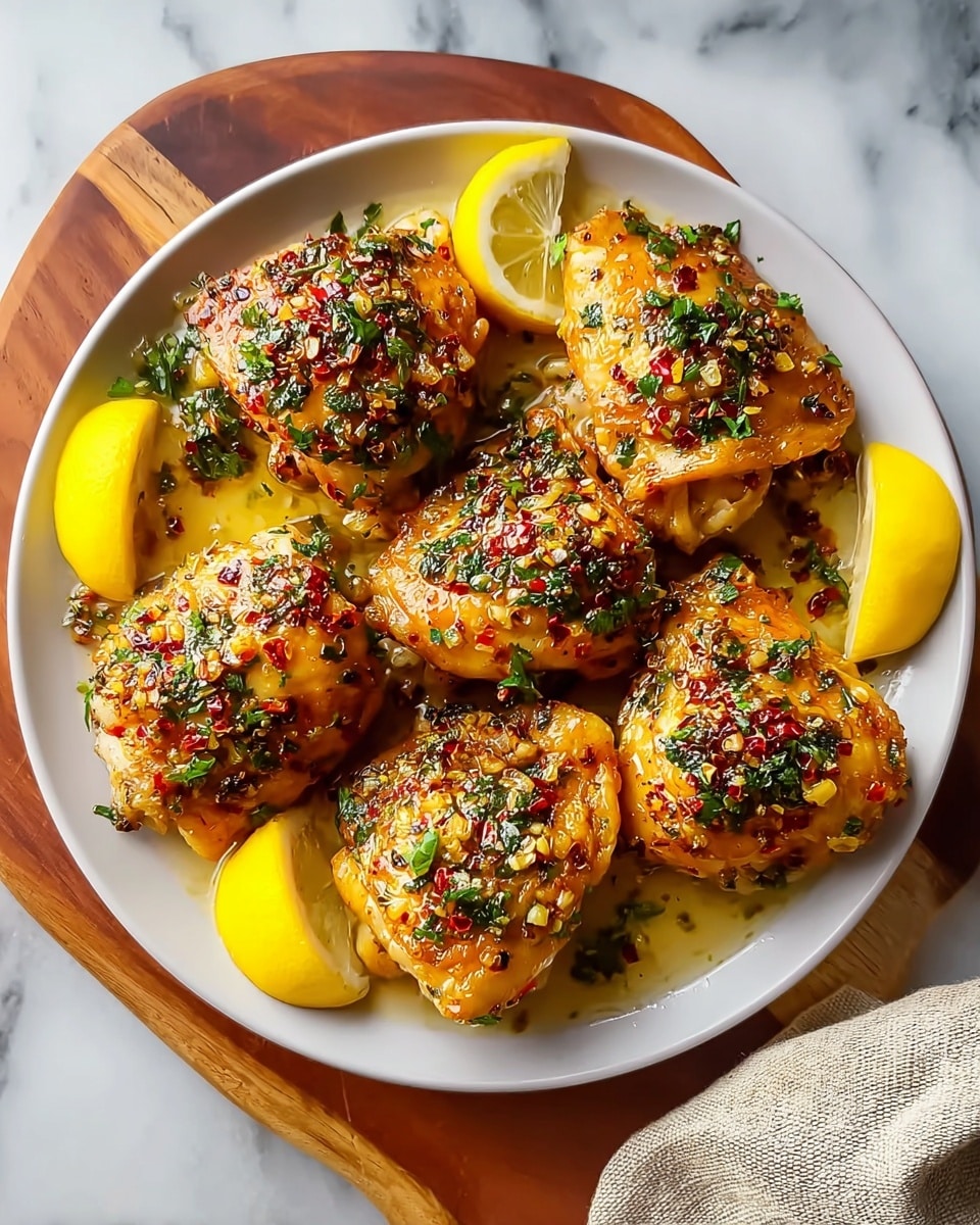 A white plate holds six pieces of golden-brown roasted chicken thighs, each topped with a mix of chopped green herbs and red chili flakes, giving a colorful texture. The chicken pieces are shiny with a light, oily glaze that adds gloss, and there are small bits of minced garlic or seasoning visible on the surface. Between the chicken, there are several bright yellow lemon wedges providing a fresh contrast. The plate is set on a white marbled surface with a beige cloth napkin partially visible at the bottom right, and a wooden serving board partially under the plate on the left. Photo taken with an iphone --ar 4:5 --v 7