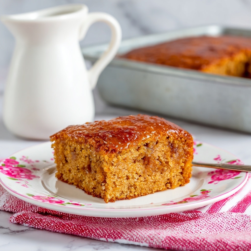 A single square piece of moist brown cake with a slightly shiny top layer sits on a white plate decorated with pink floral designs. The cake has a soft, spongy texture with small darker spots inside, suggesting bits of fruit or nuts. The plate is placed on a white marbled surface along with a white ceramic pitcher in the background and a metal baking pan holding more of the same cake to the side. A red and white striped cloth is also partly visible beneath the pitcher and plate. photo taken with an iphone --ar 4:5 --v 7