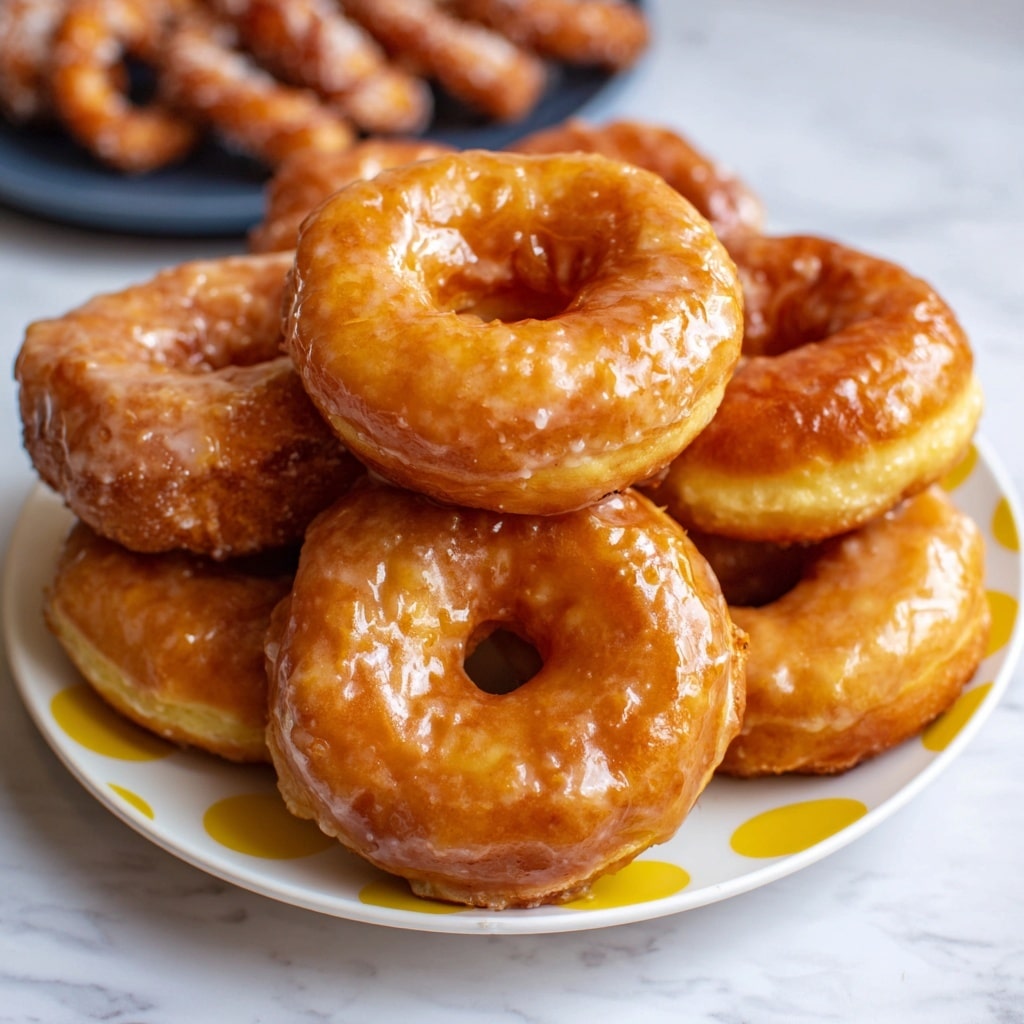 The image shows a close-up of a plate piled with several round donuts, each donut having a shiny, golden brown glaze covering the surface, giving them a smooth and glossy texture. The donuts appear soft and thick, with a light golden underneath the glaze. In the background, there are also twisted fried dough pieces that look slightly darker and have a rough, crispy texture with a sprinkle of sugar on top. The plate is white with yellow polka dots, adding a bright contrast to the warm colors of the donuts. The setting includes a dark area blurred behind the plate, but this is changed to a white marbled texture. Photo taken with an iphone --ar 4:5 --v 7
