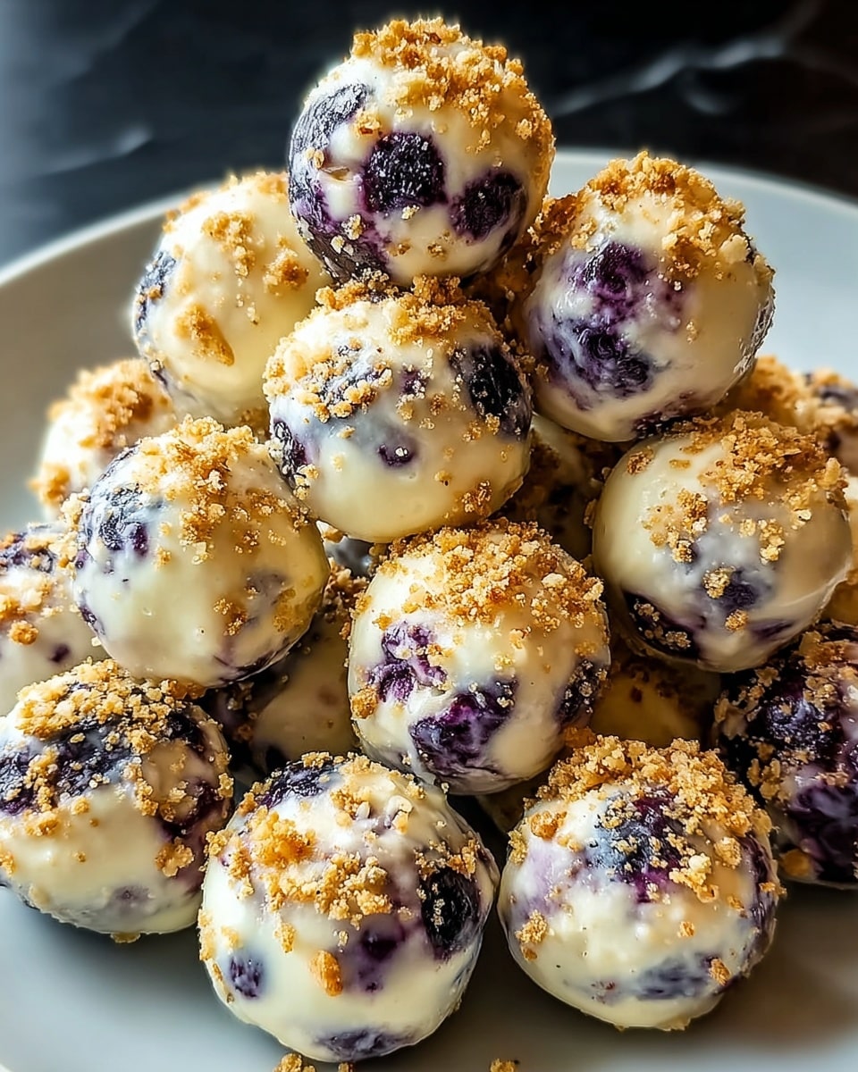 A pile of round, bite-sized balls covered in white creamy coating with embedded dark purple blueberries visible through the coating, each ball sprinkled with light brown crumbly bits on the surface, stacked closely on a white plate, set against a white marbled texture background. photo taken with an iphone --ar 4:5 --v 7