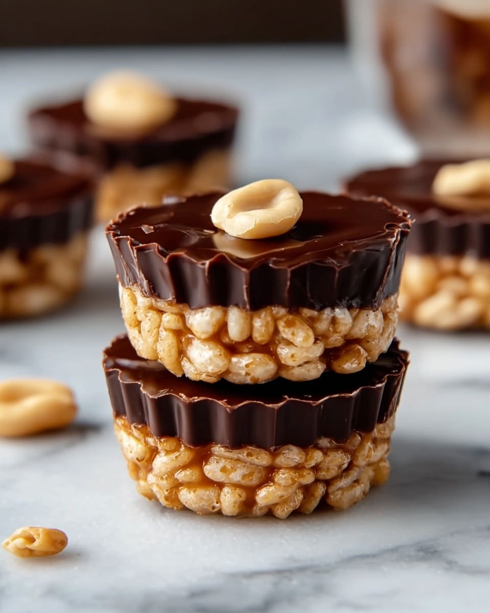 The image shows two stacked chocolate rice crispy treats on a white marbled surface, each with three layers: a shiny dark chocolate base with ridged edges, a middle layer of golden, glossy puffed rice cereal held together by a sticky syrup, and a top layer of dark chocolate drizzled smoothly with a single light brown walnut half placed in the center. In the background, there are more similar treats softly blurred, scattered light golden nuts, and a neutral light setting. photo taken with an iphone --ar 4:5 --v 7