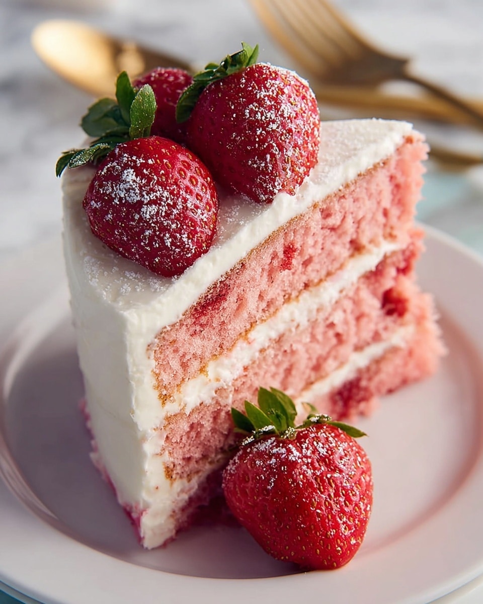 A close-up of a slice of pink strawberry cake on a white plate sitting on a white marbled surface. The cake has three layers of pink sponge with two layers of white cream filling in between. The outside is covered with a smooth layer of white cream frosting. On top, there are five fresh red strawberries with green leaves, lightly dusted with powdered sugar. One whole strawberry rests on the plate next to the cake slice. In the background, a gold fork is slightly blurred. photo taken with an iphone --ar 4:5 --v 7