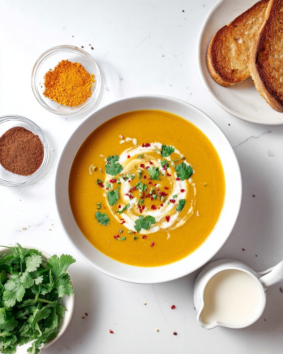 A white bowl holds a smooth, thick orange soup as the base layer. On top of the soup, there is a swirl of white cream creating a soft, round pattern in the middle. Scattered on the cream are small, red chili flakes and chopped green cilantro leaves, adding color contrast and texture. A silver spoon is placed inside the bowl, resting at an angle. Near the bowl, there is a white plate with three toasted bread slices that are golden brown with some darker charred spots. The setting sits on a white marbled surface with a small bowl of red chili flakes and a small white jug of cream nearby. Photo taken with an iphone --ar 4:5 --v 7